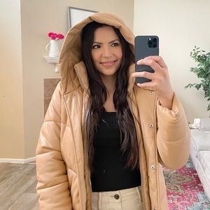 Abercrombie & Fitch Vegan Camel Leather Puffer Coat